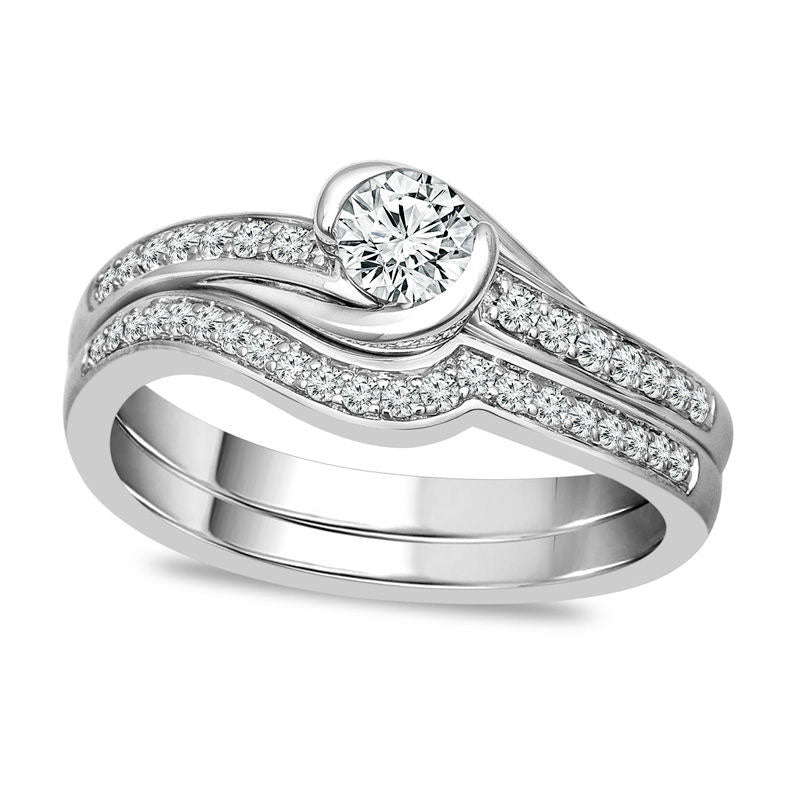 0.50 CT. T.W. Natural Diamond Swirl Bypass Bridal Engagement Ring Set in Solid 10K White Gold