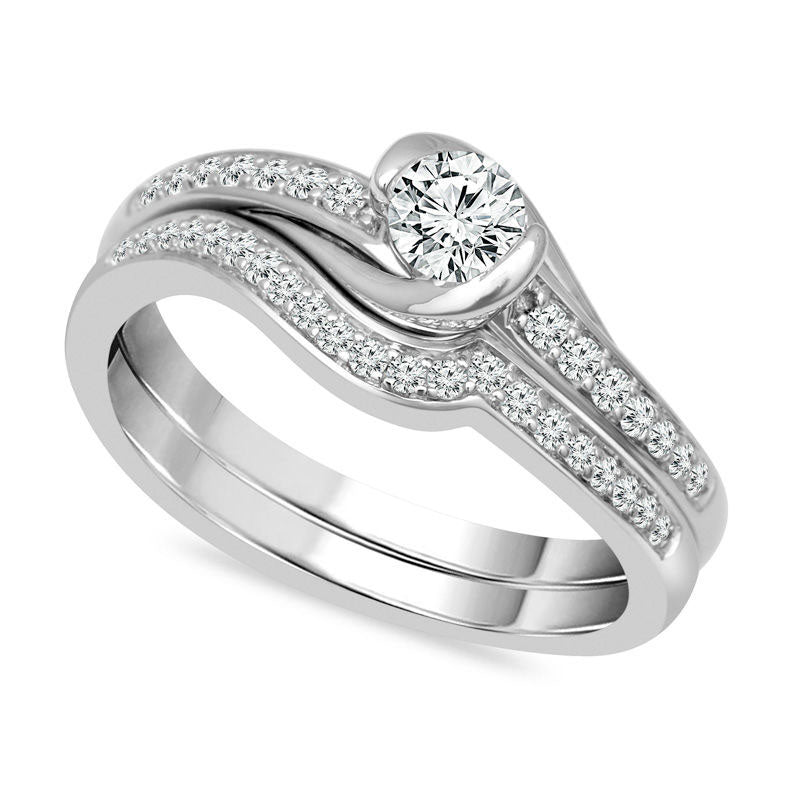 0.50 CT. T.W. Natural Diamond Swirl Bypass Bridal Engagement Ring Set in Solid 10K White Gold