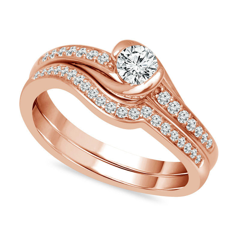 0.50 CT. T.W. Natural Diamond Swirl Bypass Bridal Engagement Ring Set in Solid 10K Rose Gold