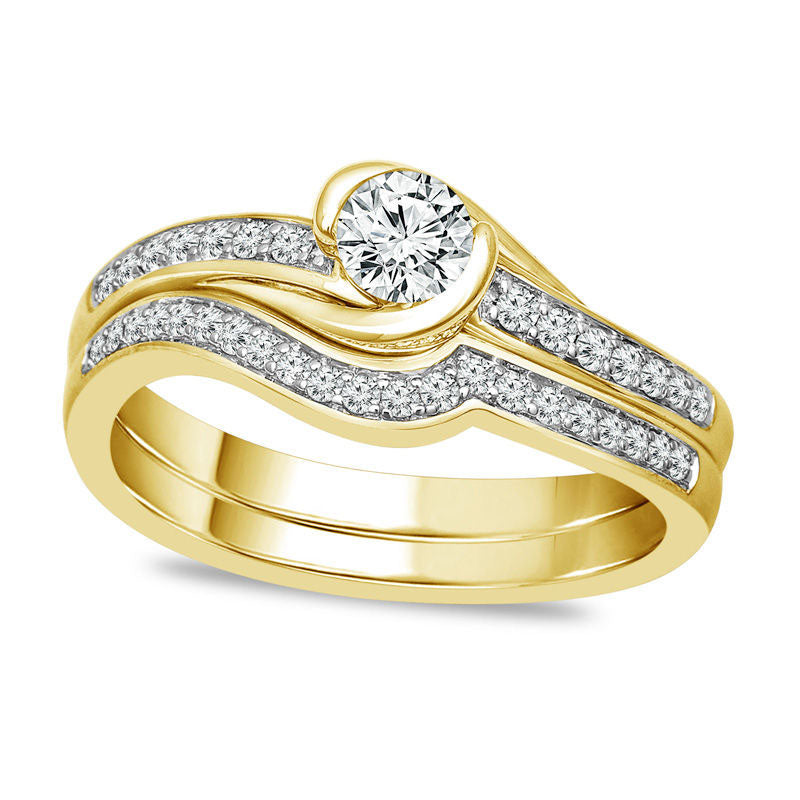 0.50 CT. T.W. Natural Diamond Swirl Bypass Bridal Engagement Ring Set in Solid 10K Yellow Gold