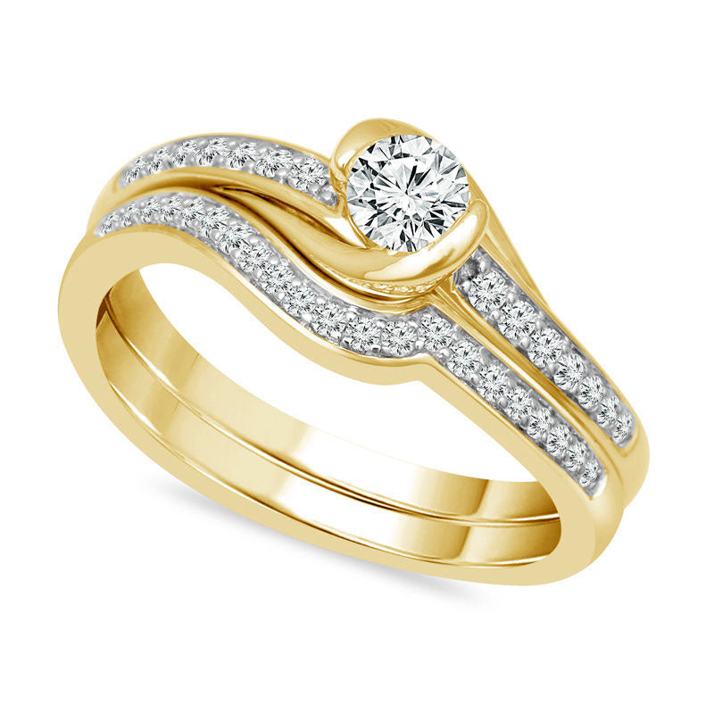 0.50 CT. T.W. Natural Diamond Swirl Bypass Bridal Engagement Ring Set in Solid 10K Yellow Gold