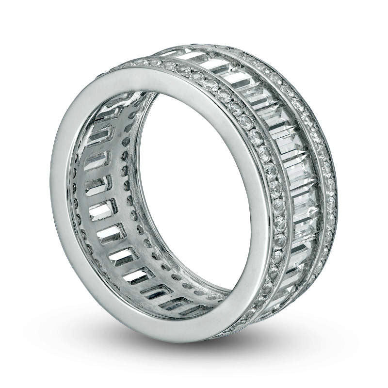 Emerald-Cut and Round Lab-Created White Sapphire Triple Row Band in Sterling Silver