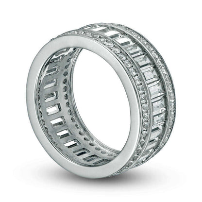 Emerald-Cut and Round Lab-Created White Sapphire Triple Row Band in Sterling Silver