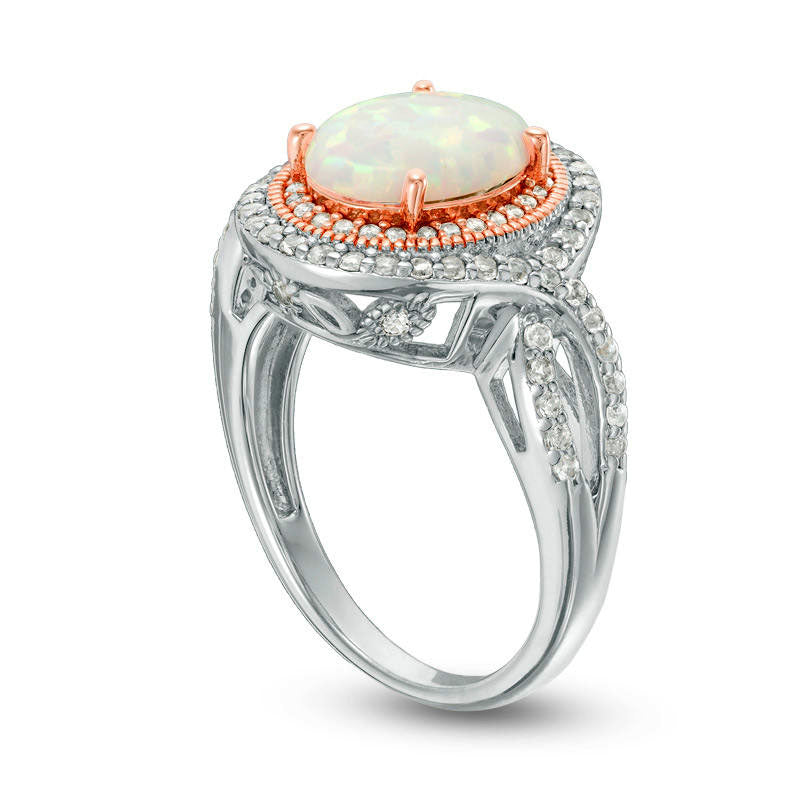 Oval Lab-Created Opal and White Topaz Antique Vintage-Style Twist Shank Ring in Sterling Silver and Solid 18K Rose Gold Plate