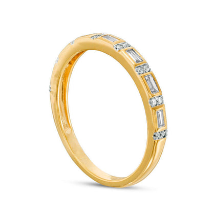 0.17 CT. T.W. Baguette and Round Natural Diamond Alternating Stackable Band in Solid 10K Yellow Gold