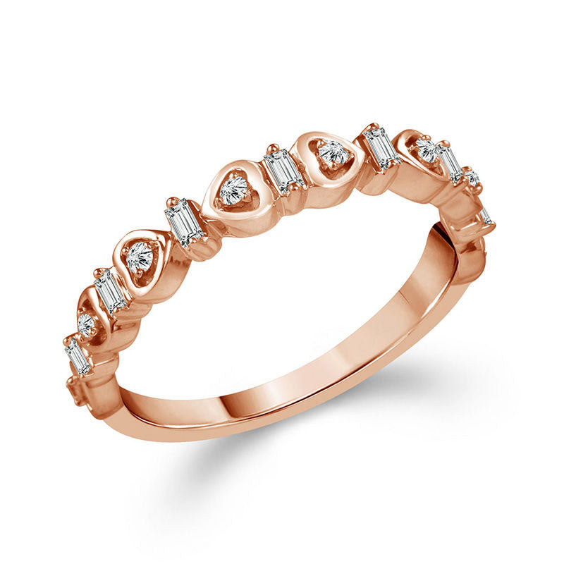 0.17 CT. T.W. Baguette and Round Natural Diamond Alternating Heart Stackable Band in Solid 10K Rose Gold