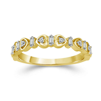 0.17 CT. T.W. Baguette and Round Natural Diamond Alternating Heart Stackable Band in Solid 10K Yellow Gold