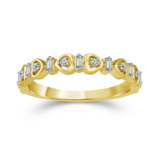 0.17 CT. T.W. Baguette and Round Natural Diamond Alternating Heart Stackable Band in Solid 10K Yellow Gold