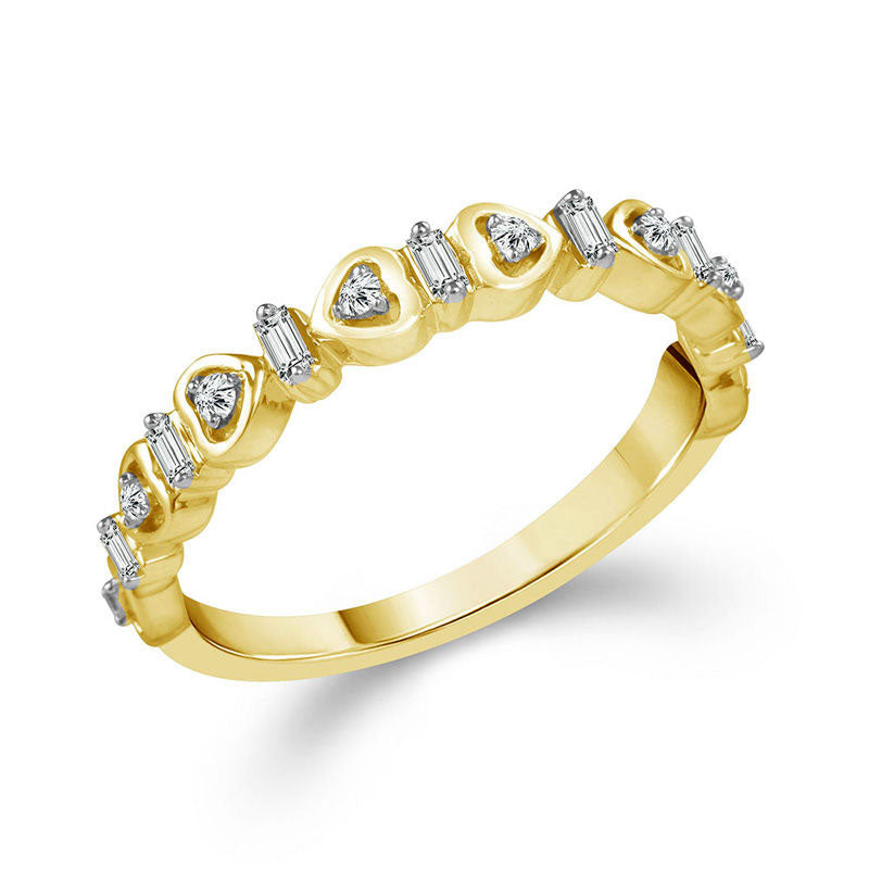 0.17 CT. T.W. Baguette and Round Natural Diamond Alternating Heart Stackable Band in Solid 10K Yellow Gold