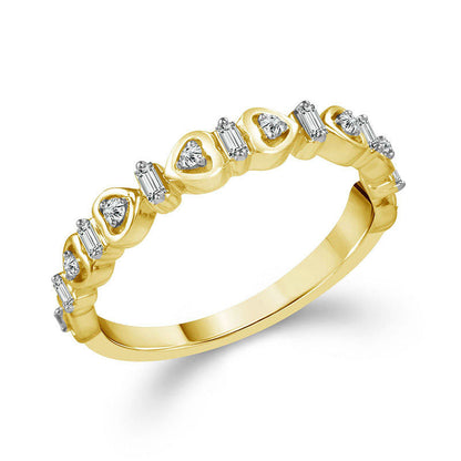 0.17 CT. T.W. Baguette and Round Natural Diamond Alternating Heart Stackable Band in Solid 10K Yellow Gold