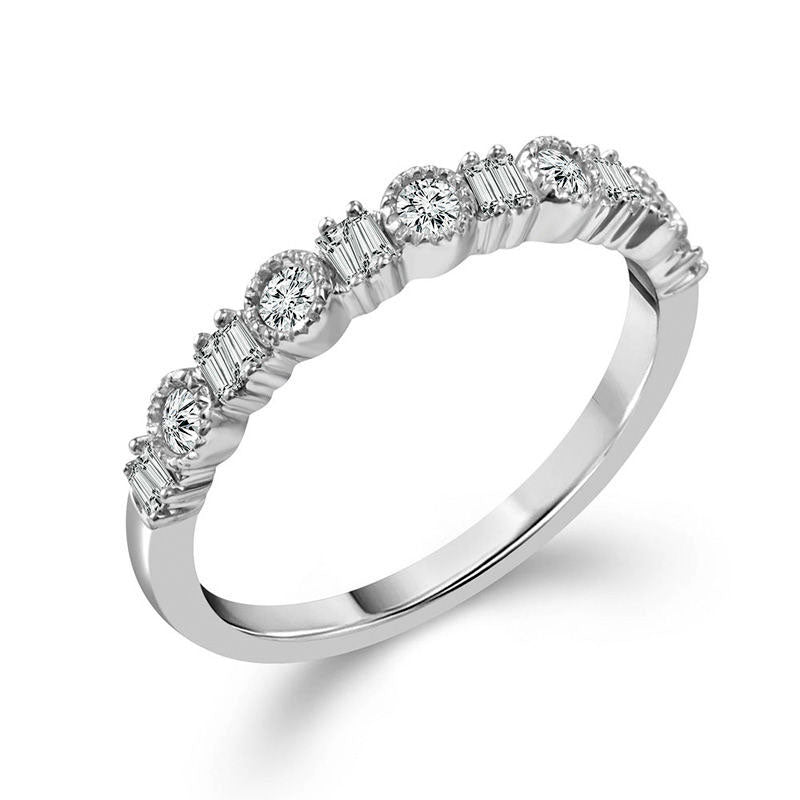 0.25 CT. T.W. Baguette and Round Natural Diamond Alternating Antique Vintage-Style Stackable Band in Solid 10K White Gold
