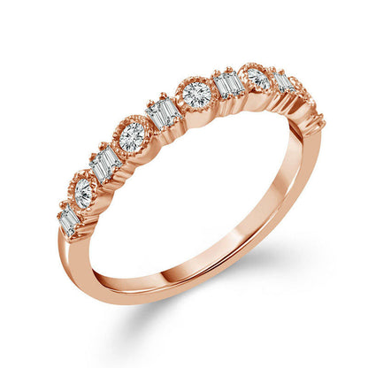 0.25 CT. T.W. Baguette and Round Natural Diamond Alternating Antique Vintage-Style Stackable Band in Solid 10K Rose Gold