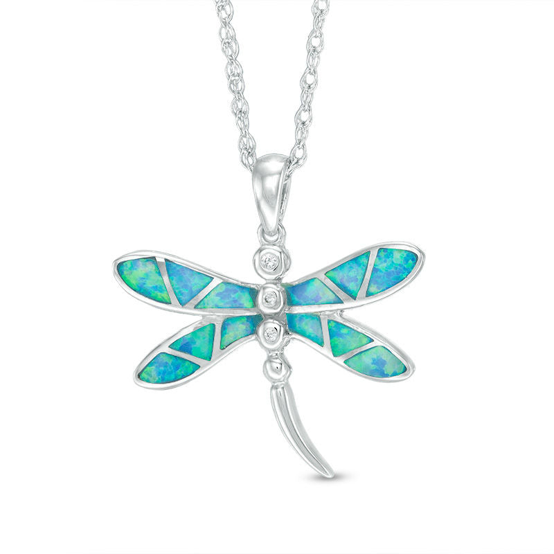 Lab-Created Blue Opal and White Sapphire Dragonfly Pendant in Sterling Silver