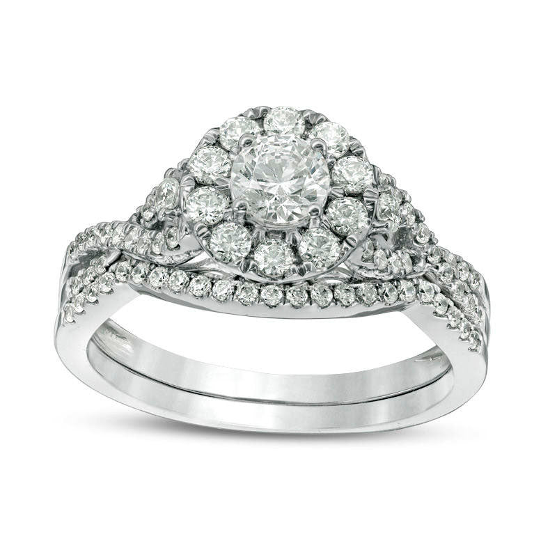 1.0 CT. T.W. Natural Diamond Frame Twist Bridal Engagement Ring Set in Solid 10K White Gold