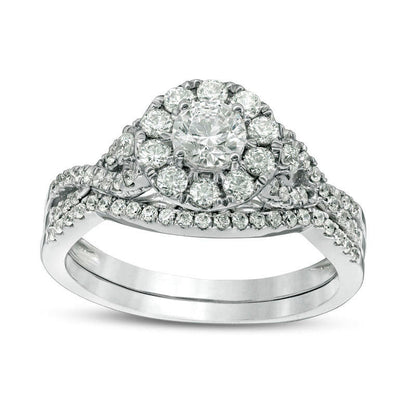 1.0 CT. T.W. Natural Diamond Frame Twist Bridal Engagement Ring Set in Solid 10K White Gold