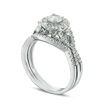 1.0 CT. T.W. Natural Diamond Frame Twist Bridal Engagement Ring Set in Solid 10K White Gold