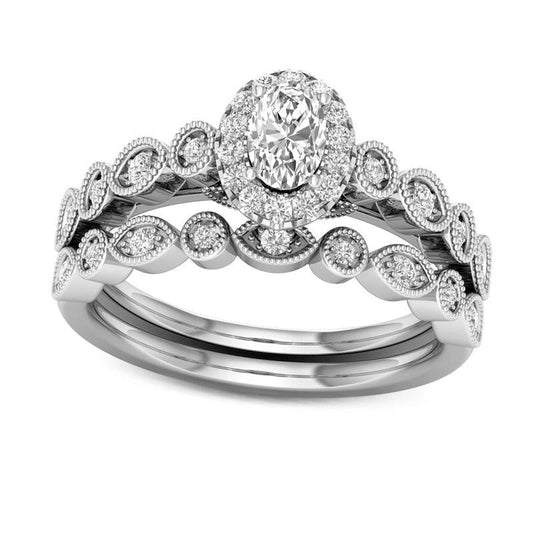 0.50 CT. T.W. Oval Natural Diamond Frame Bridal Engagement Ring Set in Solid 14K Gold