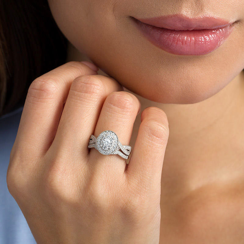 0.75 CT. T.W. Natural Diamond Oval Frame Twist Antique Vintage-Style Bridal Engagement Ring Set in Solid 14K White Gold