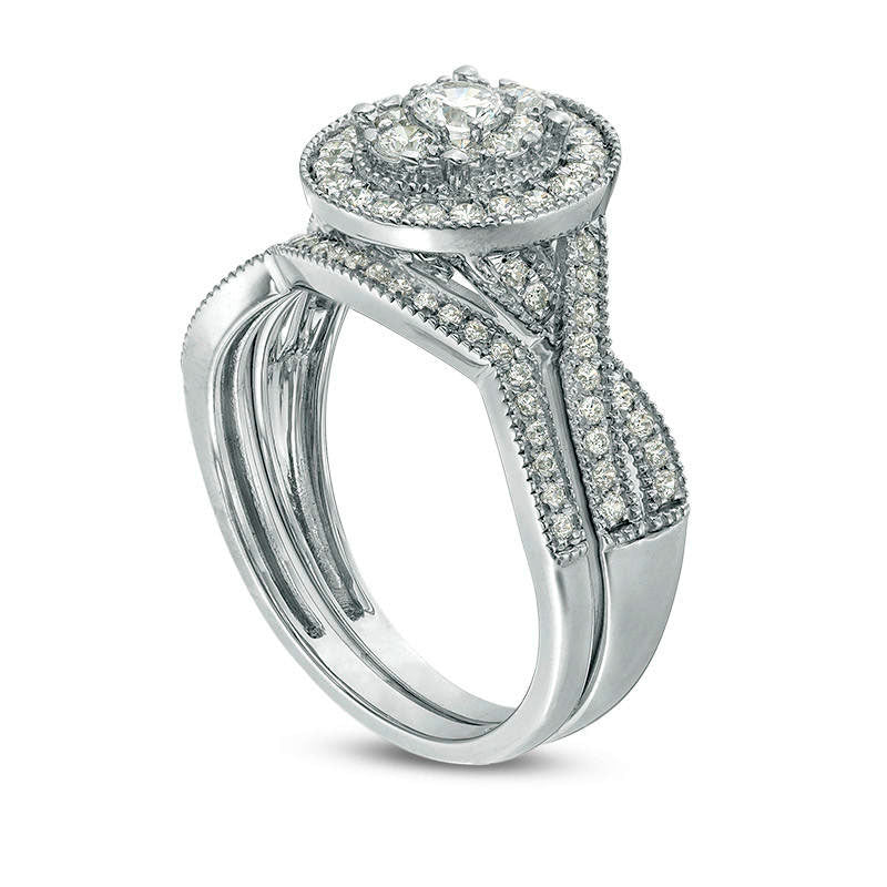 0.75 CT. T.W. Natural Diamond Oval Frame Twist Antique Vintage-Style Bridal Engagement Ring Set in Solid 14K White Gold