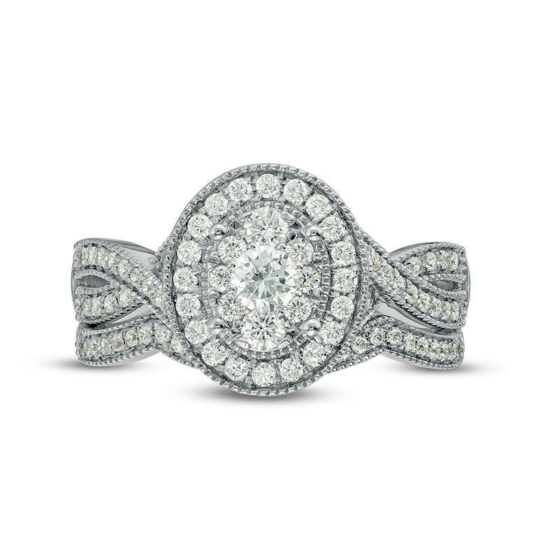 0.75 CT. T.W. Natural Diamond Oval Frame Twist Antique Vintage-Style Bridal Engagement Ring Set in Solid 14K White Gold