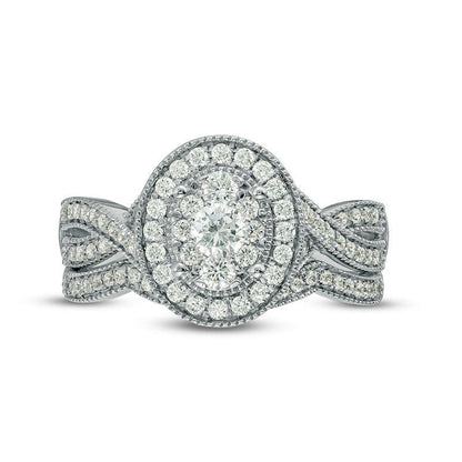 0.75 CT. T.W. Natural Diamond Oval Frame Twist Antique Vintage-Style Bridal Engagement Ring Set in Solid 14K White Gold