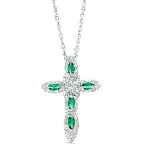 Marquise Lab-Created Emerald and Diamond Accent X" Antique Vintage-Style Cross Pendant in Sterling Silver"