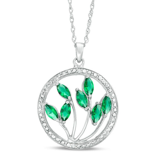 Marquise Lab-Created Emerald and Diamond Accent Beaded Circle Frame Leaf Pendant in Sterling Silver