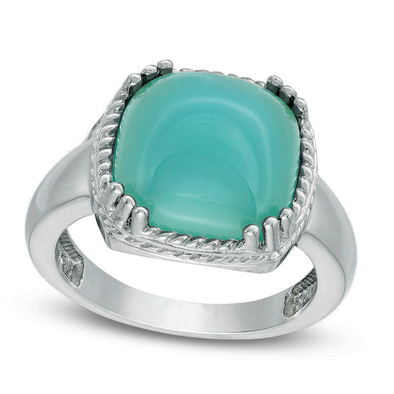 12.0mm Cushion-Cut Blue Chalcedony Cabochon Rope Frame Ring in Sterling Silver