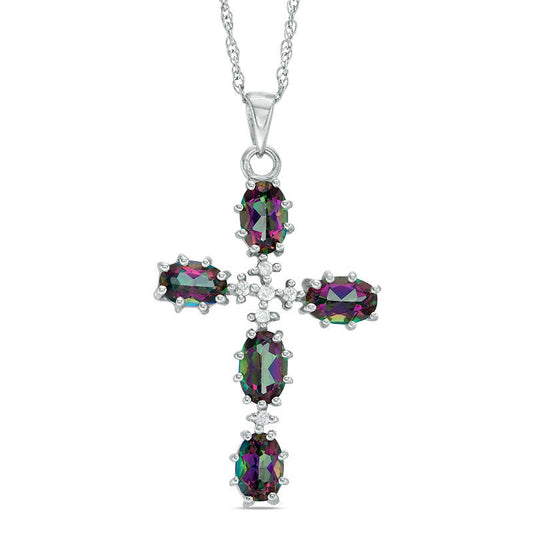 Oval Mystic Fire® Topaz and 0.05 CT. T.W. Natural Diamond Cross Pendant in Sterling Silver