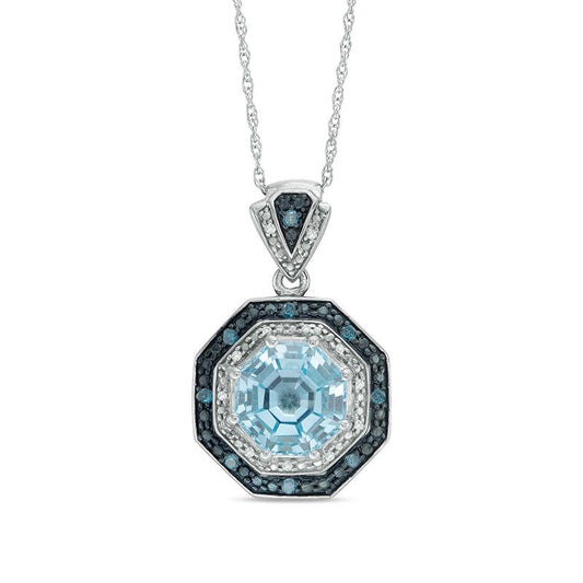 Blue Topaz and 0.17 CT. T.W. Enhanced Blue and White Natural Diamond Double Frame Drop Pendant in Sterling Silver