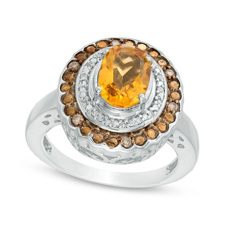Oval Citrine and 0.25 CT. T.W. Champagne and White Natural Diamond Double Frame Ring in Sterling Silver