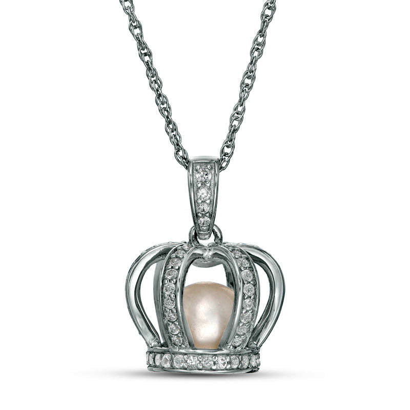 6.5 - 7.0mm Cultured Freshwater Pearl and Lab-Created White Sapphire Crown Cage Pendant in Sterling SiIver