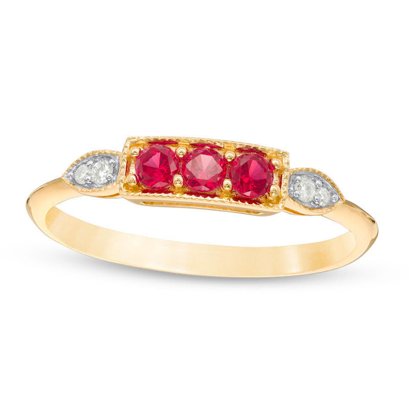 Lab-Created Ruby and Diamond Accent Antique Vintage-Style Three Stone Ring in Solid 10K Yellow Gold