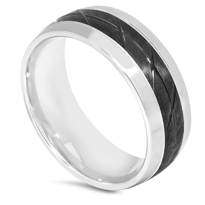 Men's 8.0mm Natural Diamond-Cut Slant Groove Center Wedding Band in Sterling Silver and Black Rhodium