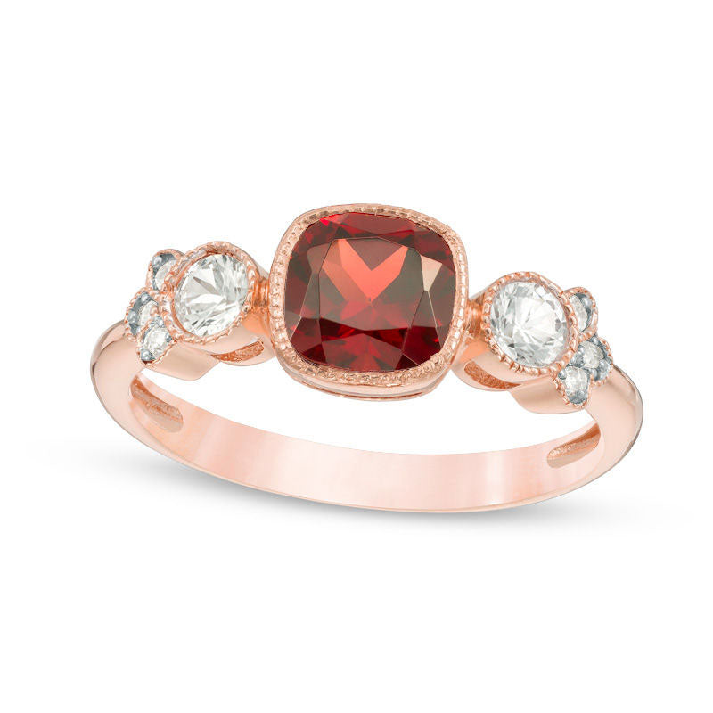 6.0mm Cushion-Cut Garnet, White Sapphire and Natural Diamond Accent Antique Vintage-Style Ring in Solid 10K Rose Gold