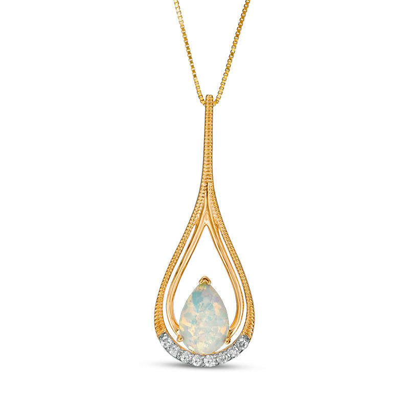 Pear-Shaped Lab-Created Opal and 0.07 CT. T.W. Diamond Double Frame Teardrop Pendant in 10K Yellow Gold