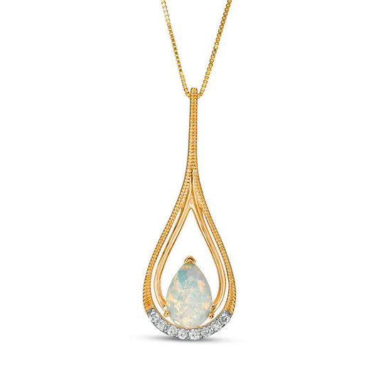 Pear-Shaped Lab-Created Opal and 0.07 CT. T.W. Diamond Double Frame Teardrop Pendant in 10K Yellow Gold