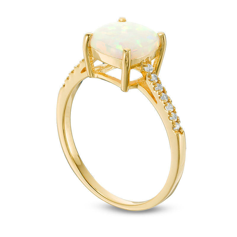 8.0mm Cushion-Cut Lab-Created Opal and White Sapphire Ring in Sterling Silver with Solid 14K Gold Plate