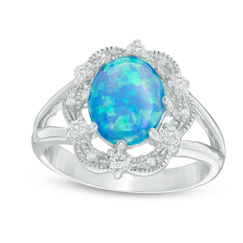 Oval Lab-Created Blue Opal and White Sapphire Antique Vintage-Style Split Shank Ring in Sterling Silver