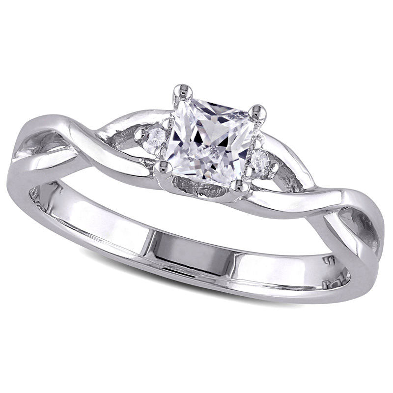 4.0mm Princess-Cut Lab-Created White Sapphire and 0.05 CT. T.W. Diamond Promise Ring in Sterling Silver