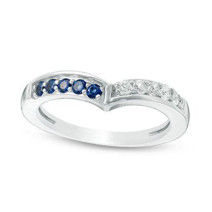 Lab-Created Blue and White Sapphire Chevron Band in Sterling Silver