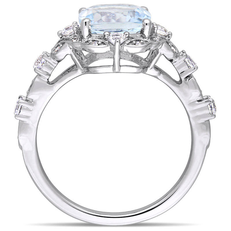 8.0mm Cushion-Cut Aquamarine, White Sapphire and 0.05 CT. T.W. Natural Diamond Frame Antique Vintage-Style Ring in Solid 14K White Gold