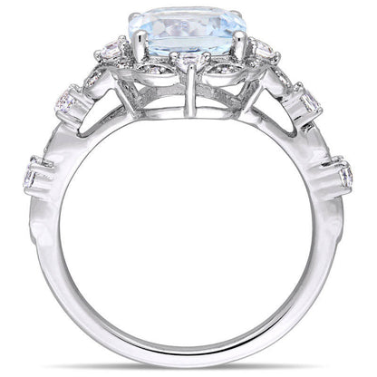 8.0mm Cushion-Cut Aquamarine, White Sapphire and 0.05 CT. T.W. Natural Diamond Frame Antique Vintage-Style Ring in Solid 14K White Gold