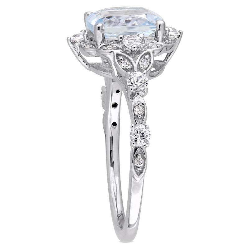 8.0mm Cushion-Cut Aquamarine, White Sapphire and 0.05 CT. T.W. Natural Diamond Frame Antique Vintage-Style Ring in Solid 14K White Gold