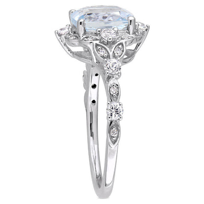 8.0mm Cushion-Cut Aquamarine, White Sapphire and 0.05 CT. T.W. Natural Diamond Frame Antique Vintage-Style Ring in Solid 14K White Gold