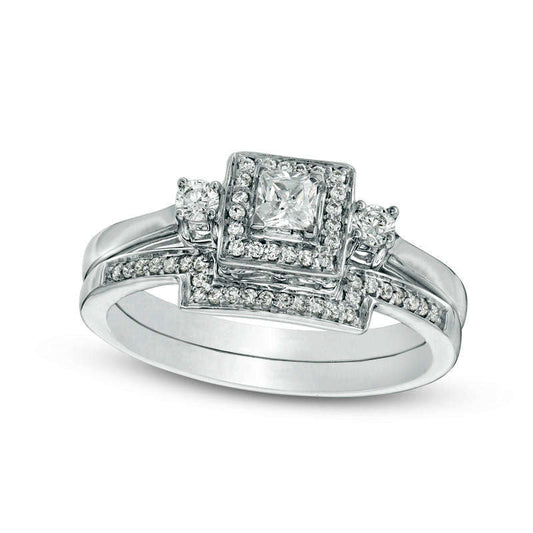 0.33 CT. T.W. Princess-Cut Natural Diamond Three Stone Frame Bridal Engagement Ring Set in Solid 10K White Gold