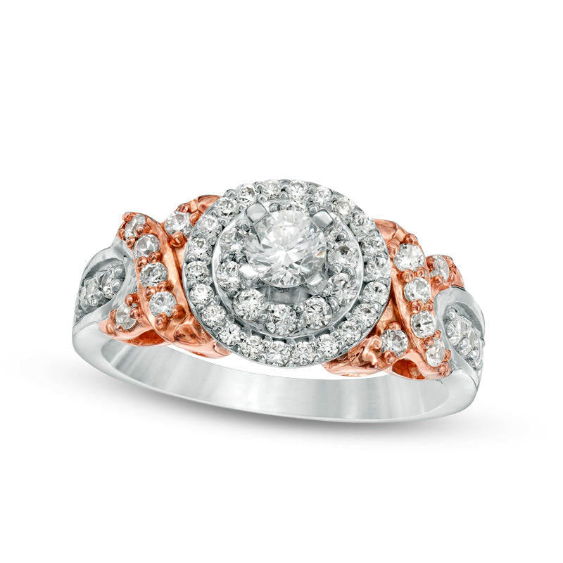 1.0 CT. T.W. Natural Diamond Double Frame Twist Engagement Ring in Solid 10K Two-Tone Gold