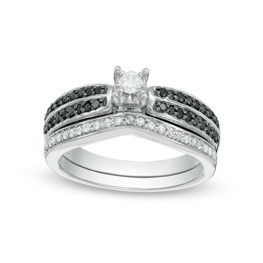 0.50 CT. T.W. Enhanced Black and White Natural Diamond Double Row Bridal Engagement Ring Set in Sterling Silver