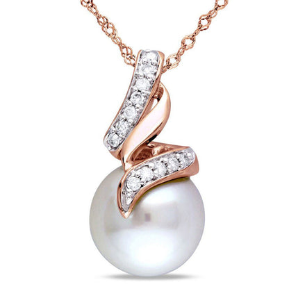 9.5 - 10.0mm Cultured Freshwater Pearl and 0.1 CT. T.W. Natural Diamond Cascading Ribbon Pendant in 10K Rose Gold - 17"