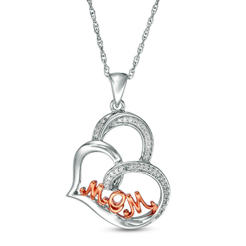 0.1 CT. T.W. Natural Diamond MOM" Tilted Heart Pendant in Sterling Silver with 14K Rose Gold Plate"